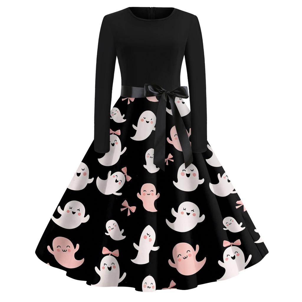 Women Casual Halloween Printed Round Neck Vintage Dress Long Sleeve Fit Flared Skirt Belted Waist Retro Style Dress for Autumn