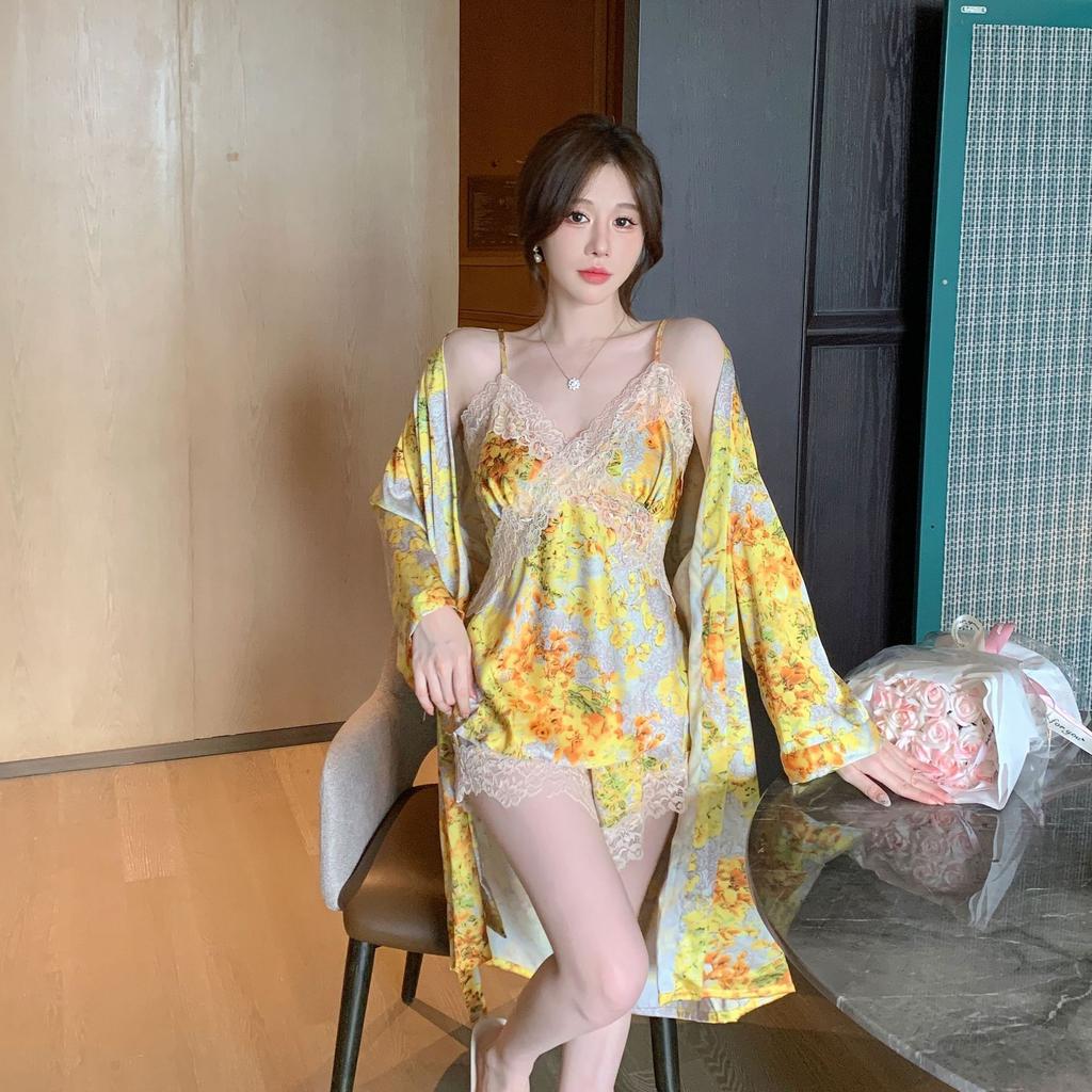 Sexy pajamas women's ice silk suspender shorts three-piece set pure desire with chest pad yellow robe popular loungewear