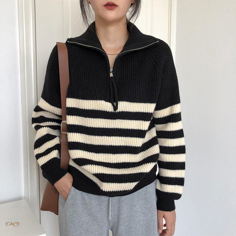 2026 Women's Striped Half-High Collar Zipper Pullover - Soft, Cozy Korean-Style Knitwear for Spring and Autumn