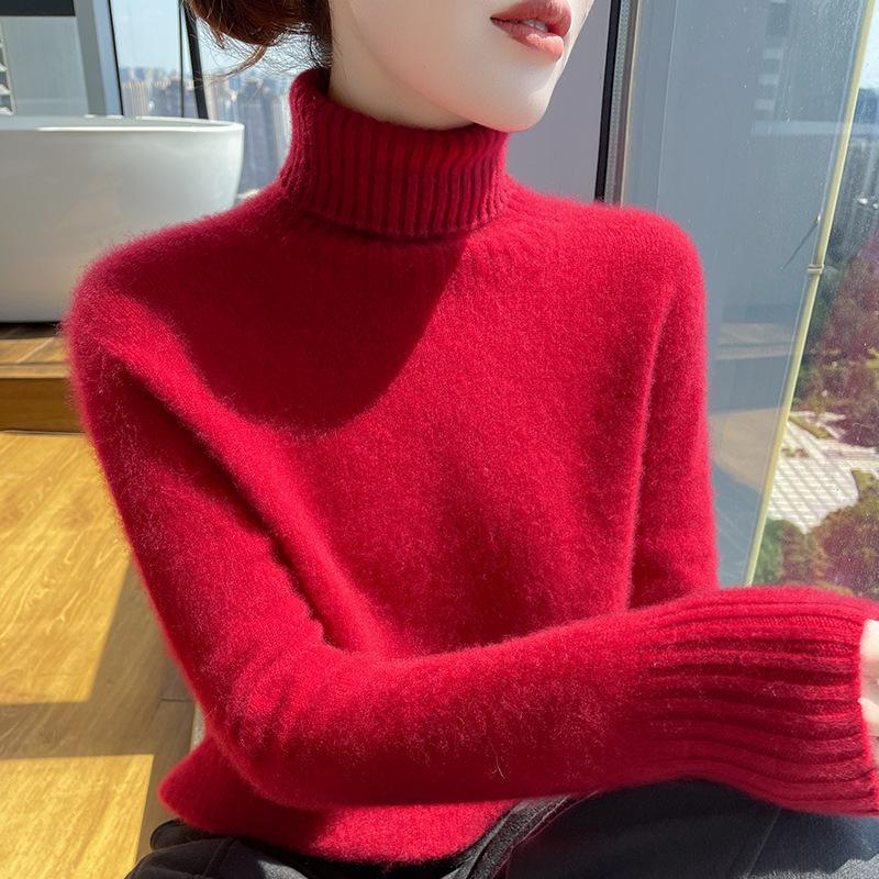 Women's Heavyweight Pure Wool High Neck Sweater - Long Sleeve Cashmere Knit, Perfect for Autumn and Winter