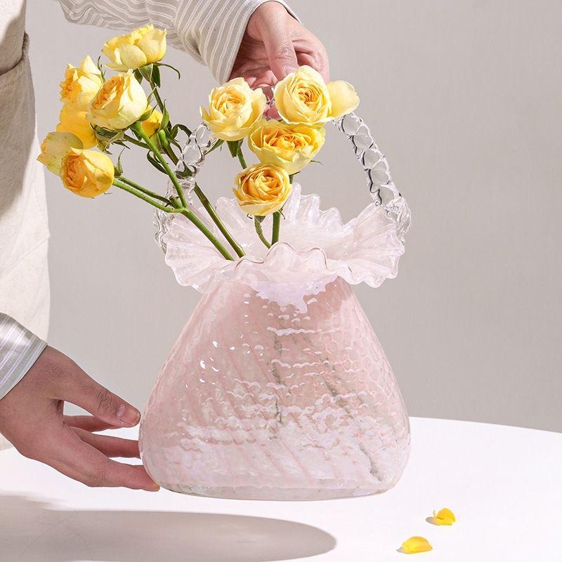 Luxuriöse Kristallglas Handtaschen-Vase, Elegante Glas-Korb-Blumenvase mit Kristallglasur-Finish für die Wohnkultur