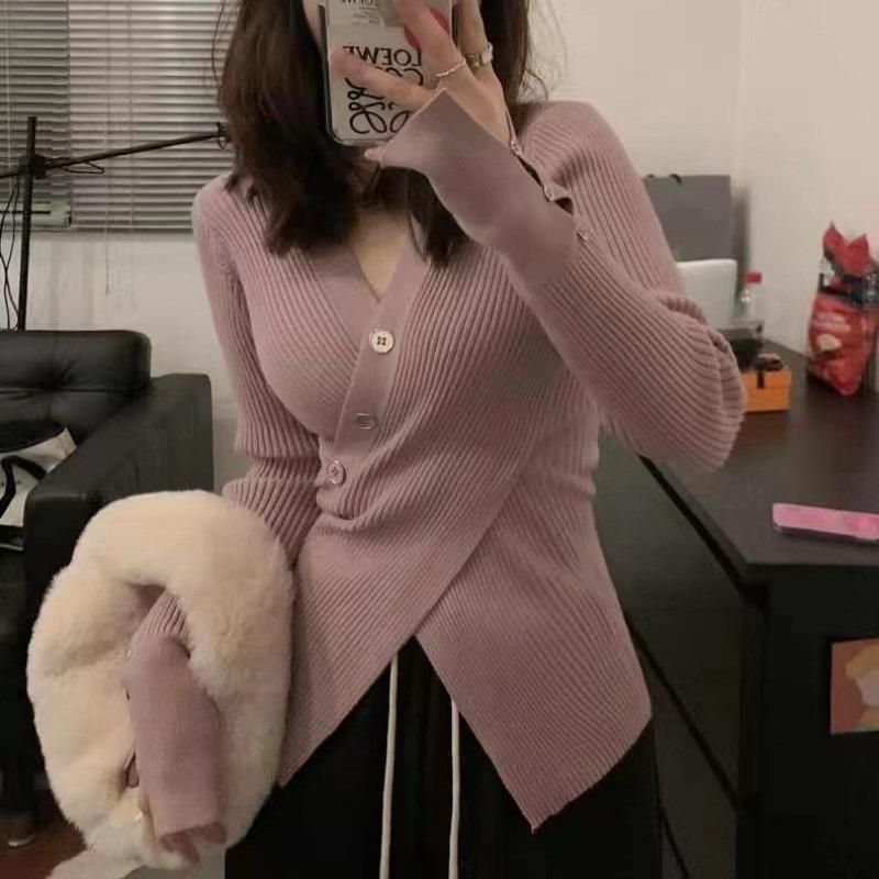 Fashion Cross V Neck Irregular Design Women Sweater Autumn and Winter Casual Bottom Shirt Inside Slim Fit Thin Simple Casual Office Clothing