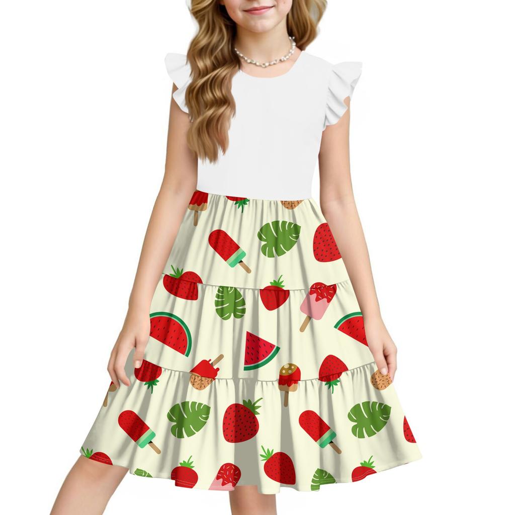 Summer Children's Dress Girls Printed Flowers Casual Cute Round Neck Princess Dress