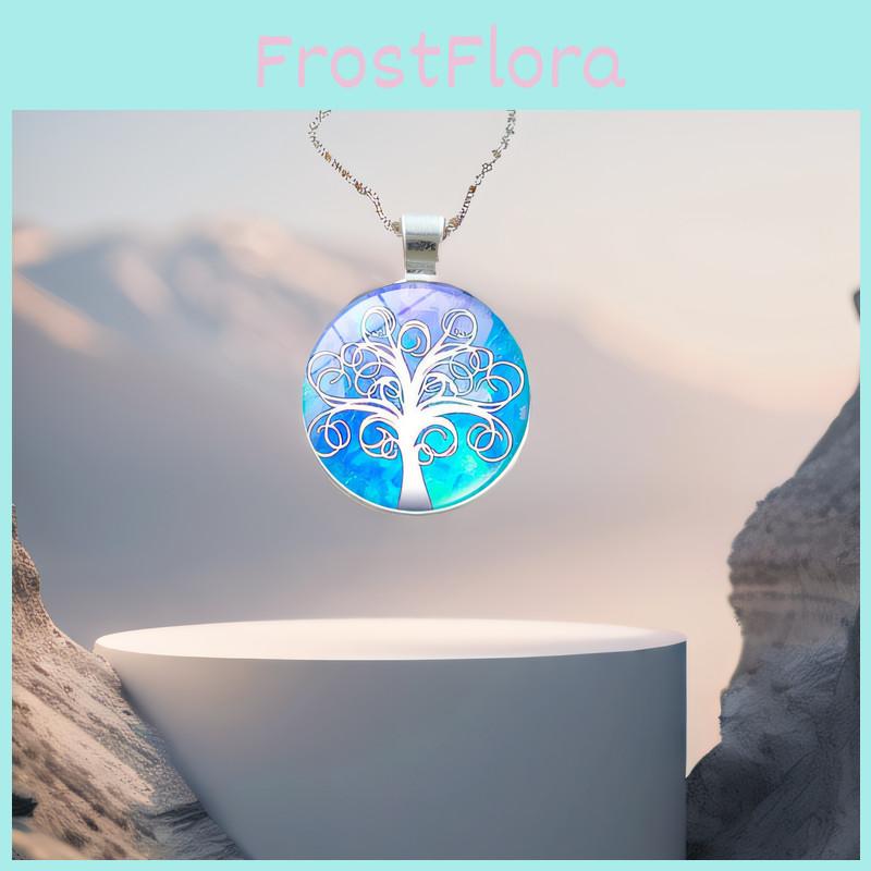Elegant Tree Pattern Pendant Necklace In Vintage Silver Color With Classic Glass Cabochon