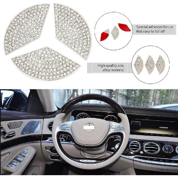 Car Interior Rhinestone Ornament Accessories,Mercedes Car Accessories,Mercedes Accessories,Shiny Car Steering Wheel Diamond Sticker,Compatible with