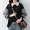 Frauen Drehen Unten Kragen Langarm Bluse Tops Frühling Mode Splice Pullover Tops