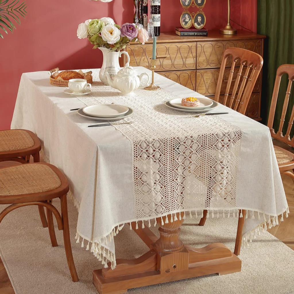 Kitchen Dining Room Washable Crochet Lace Cotton Linen Wrinkle Free Rectangle Table Cloth with Tassles