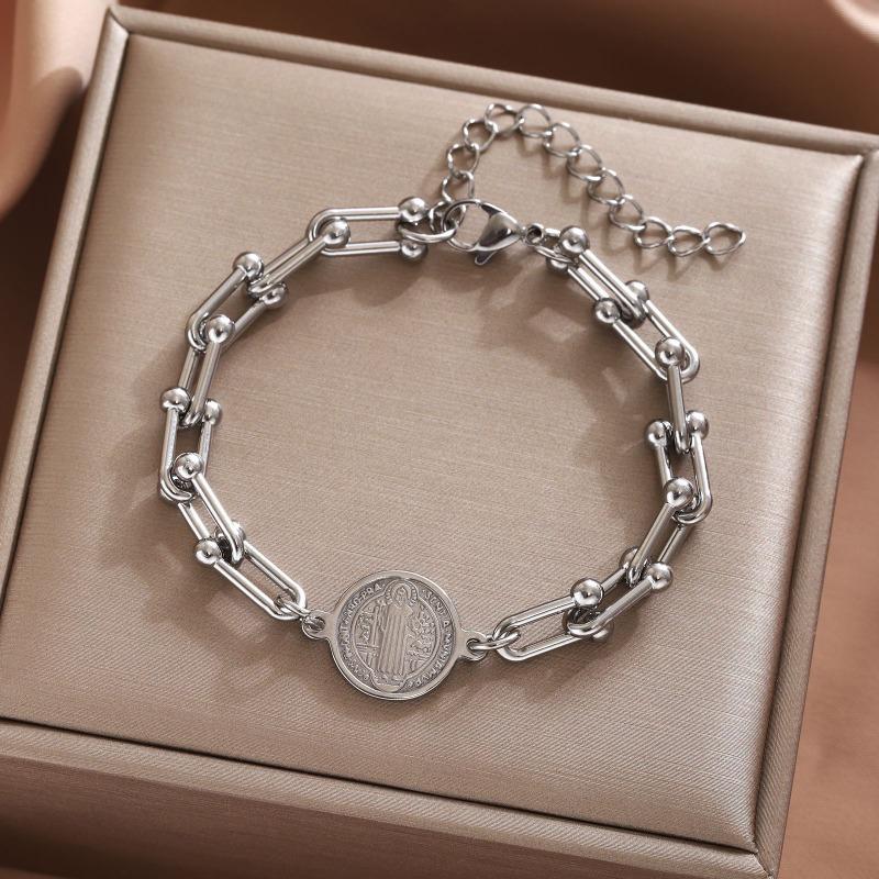 14K St. Bracciale in acciaio inossidabile con Croce di Benedetto, bracciale regolabile con chiusura a fibbia a ferro di cavallo a forma di U, gioiello regalo per uomo e donna
