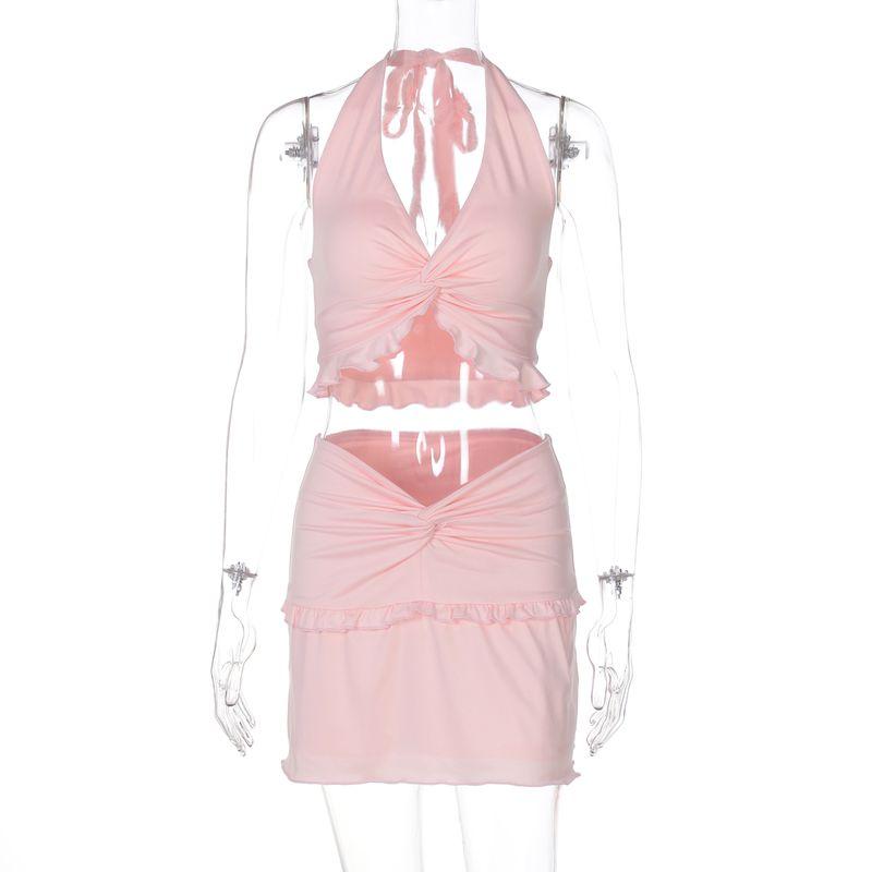 

Shemoda Vacation Style Fashion Suit Women s Cross Lace V Neck Halter Backless Tops High Waist Slim Skirt Pink S