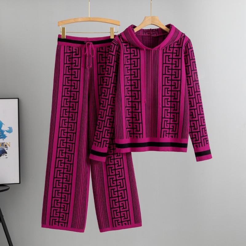 European Style Women's Spring Knitted Set: Hooded Sweater & Slimming Wide-Leg Pants