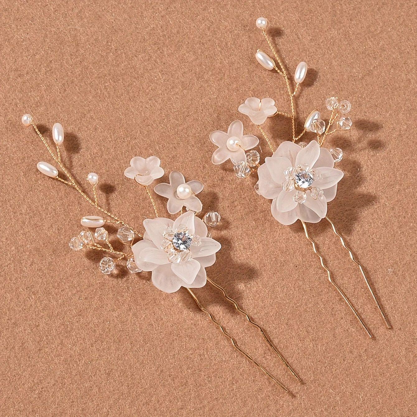 European Handmade Pearl & Rhinestone Flower Comb Hairpin for Brides