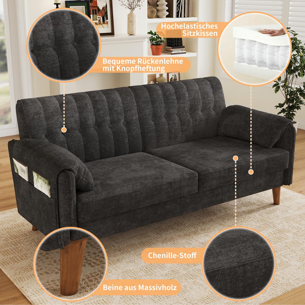 Modern 2-Seater Sofa In Chenille with Thick Seat Cushion, Tufted Backrest, 2 Armrest Cushions, Side Pockets; Solid Wood Legs, Easy To Assemble, Grey