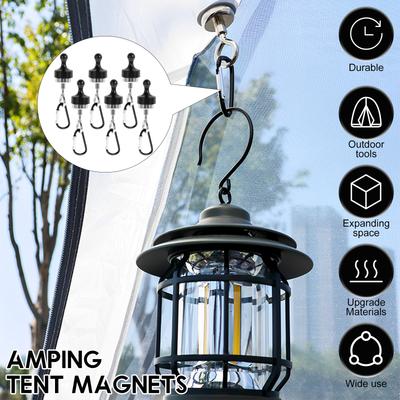 6PCS Camping Magnetic Hooks with Stainless Steel Carabiner Outdoor Tent Canopy Multipurpose Hooks Hanger Ceiling Fixer Hook