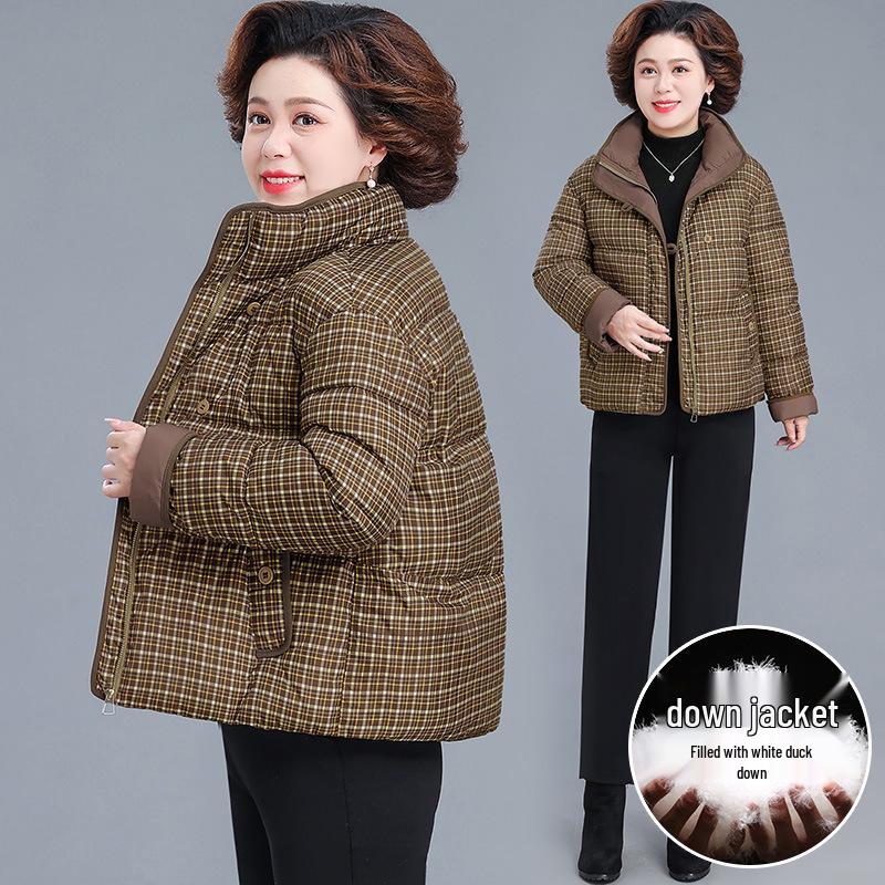 Middle-aged Women's Plus Size Winter Plaid Down Jacket - 2025 Style with Stand-up Collar