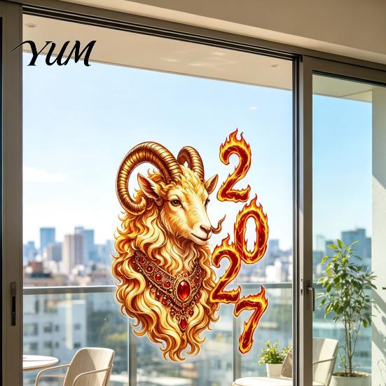 Flame Pattern Window Film Chinese New Year Sticker, 2027 Goat Static Clings, Removable Electrostatic Glass Sticker Reusable Lunar Xmas Decor for Home