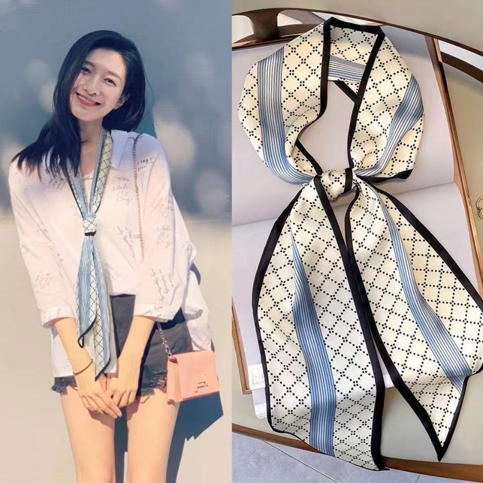 Luxury Design Silk Skinny Headwear Scarf Women Print Spring Neck Tie Hair Hand Bag Ribbon Wrist Belt Foulard Headband Lady