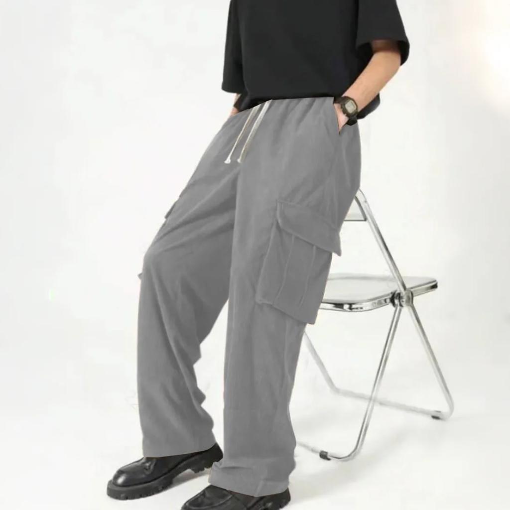 Men's Corduroy Cargo Pants - Wide Leg Elastic Waist Drawstring Sweatpants For Casual & Outdoor Activities