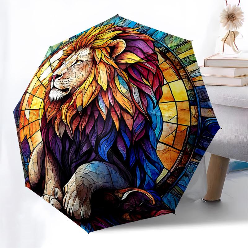 

1pc Stained Glass Lion Design Automatic Opening/Closing Umbrella - Portable Tri-Fold Design with 8-Rib Iron Frame, Outdoor, Ideal Gift for Fans, Trave