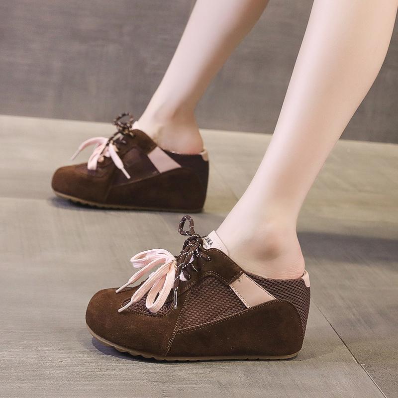 Non-heeled Semi-drag Women's Summer New Round Toe Light Mouth Color Block Hollow Out Breathable Mesh Anti-slippery Heel Shoes