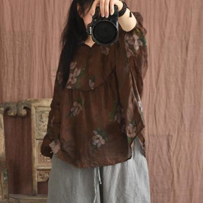 Women Vintage Ramie T-Shirts Tees V-Neck Long Sleeve Print Floral High Quality Clothes Spring Loose Tees