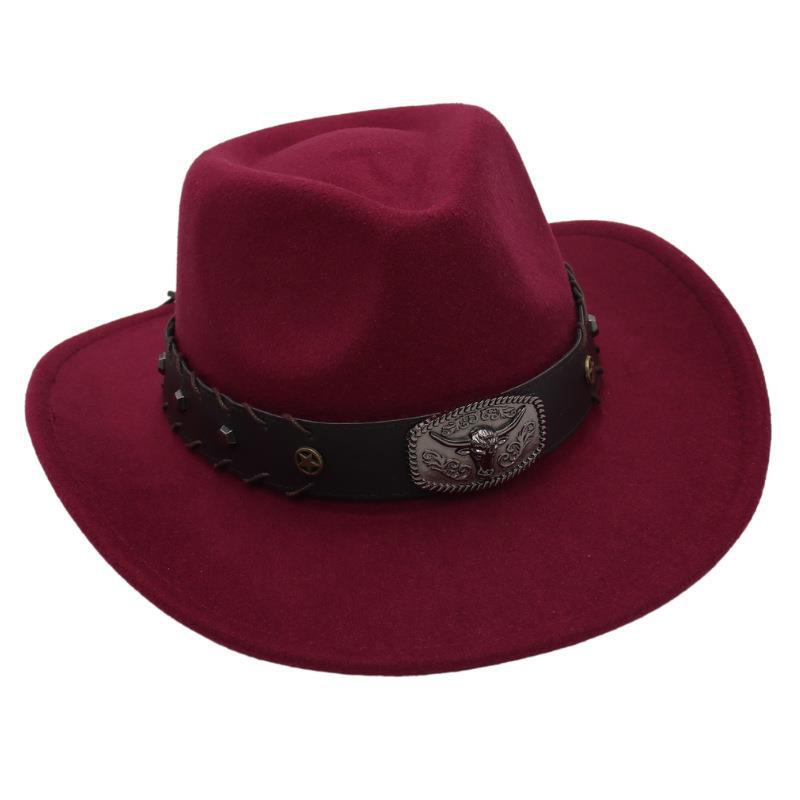 Gekreuztes Stierkopf-Abzeichen Zylinderhut Westlicher Cowboyhut Britischer Jazzhut Nationaler Stil Filzhut Ritterhut Elegant
