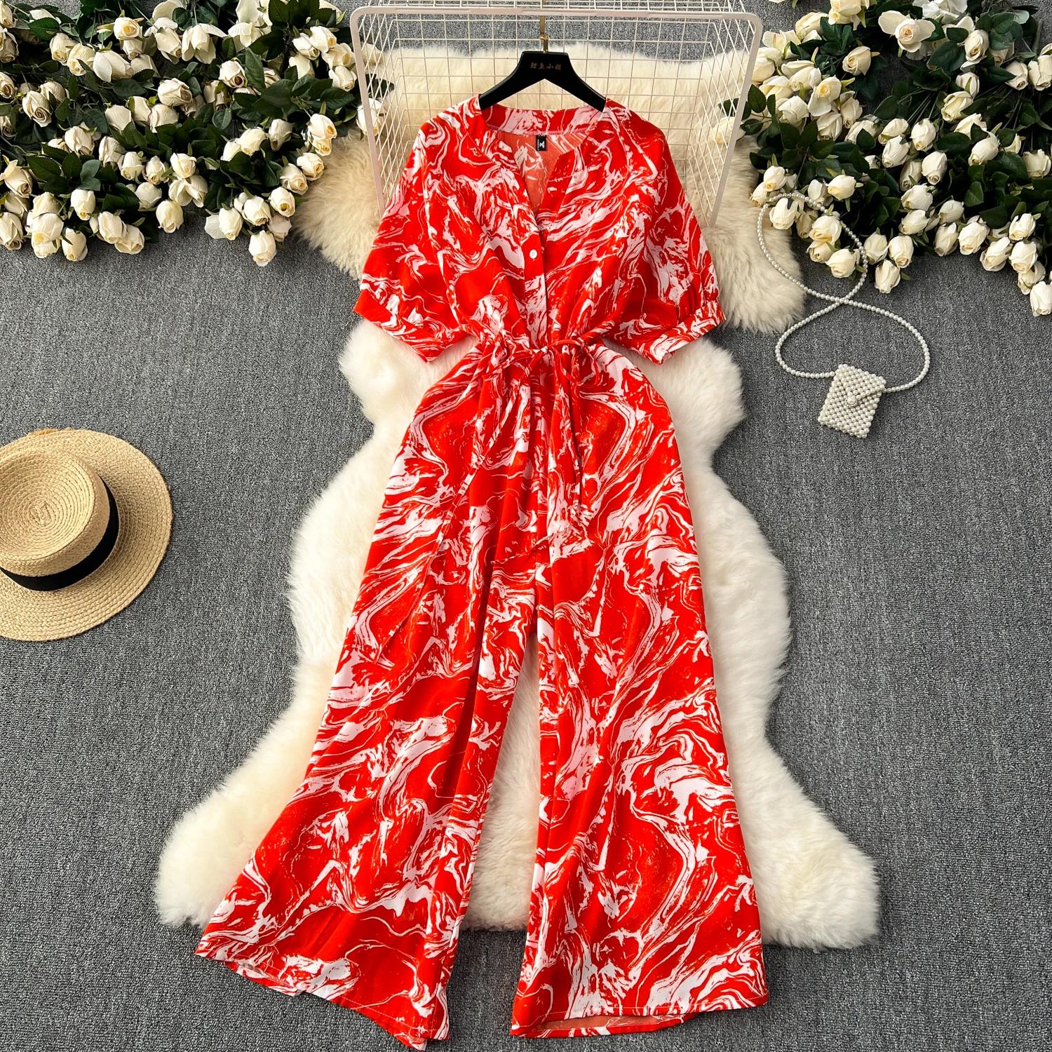 Летний повседневный женский комбинезон с широкими штанинами и принтом — фото 20