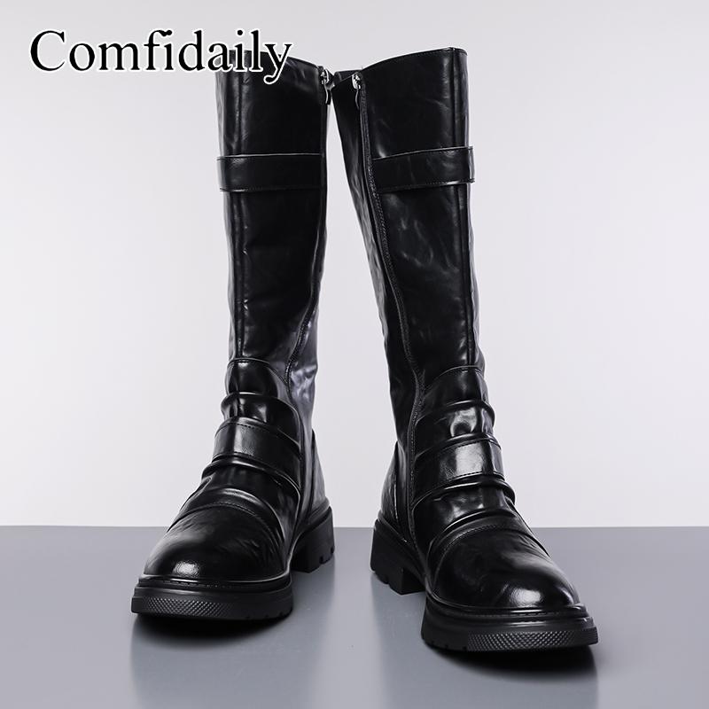 Stivali da Motociclista da Uomo Stivali Western Stivali da Jockey Neri Stile Streetwear Casuale Stivali Alti Cool Taglie Forti