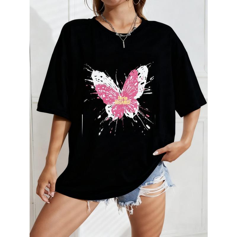 

White Oversized T-Shirt With Pink Butterfly Print And Text For Casual Wear XXXXL чорний