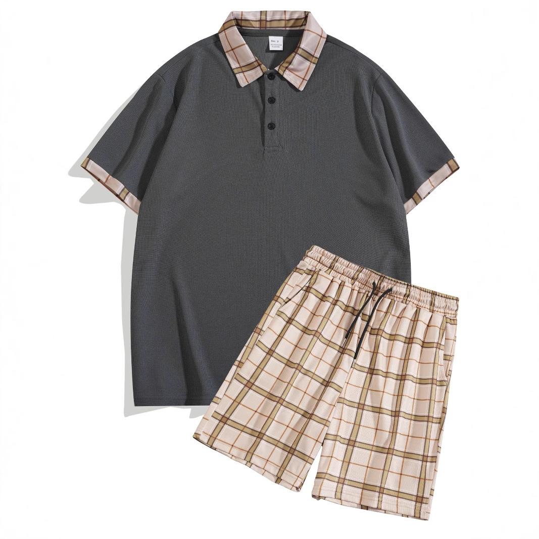 

Summer fashion casual sports men s suit comfortable quick-drying solid color plaid suit two-piece male M темно-сірий