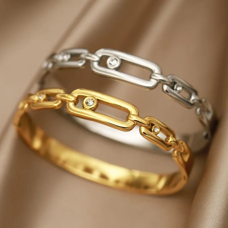 FYSARA Chain-like Design High Quality Titanium Steel Bangle for Women Cubic Zircon Engagement Zircon Stainless Steel Bracelet