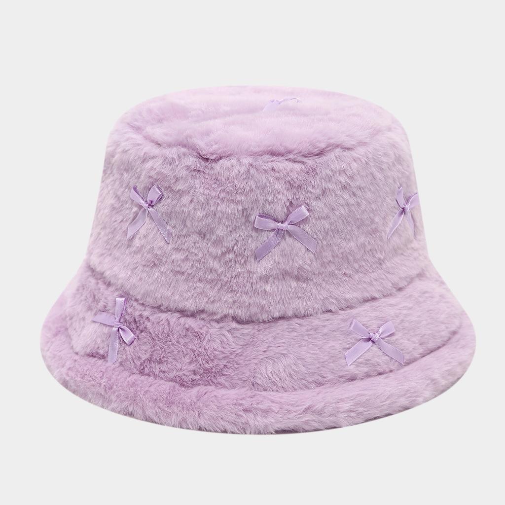 Literary And Artistic Style Fresh And Girlish Bow Tie Plush Fisherman Hats Female Trend Street Versatile Basin Cap