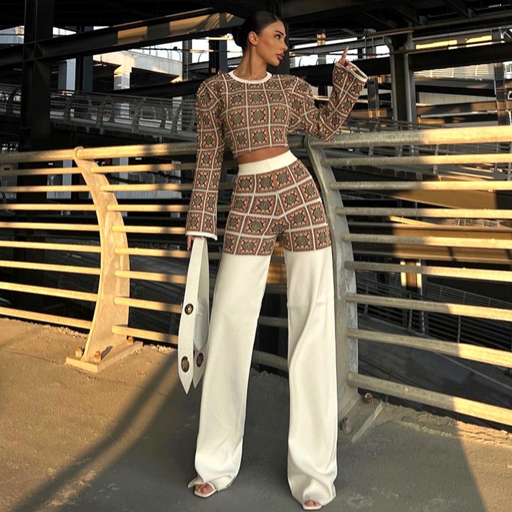 

Женский комплект из принтованной клетчатой ткани с длинным рукавом, коротким топом и прямыми брюками с высокой талией S белый