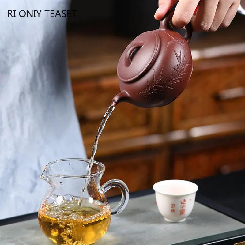 210ml Yixing Purple Clay Teapots Handmade Bamboo Leaves Tea Pot Raw Ore Purple Mud Beauty Tea Infuser Kettle Zisha Tea Set