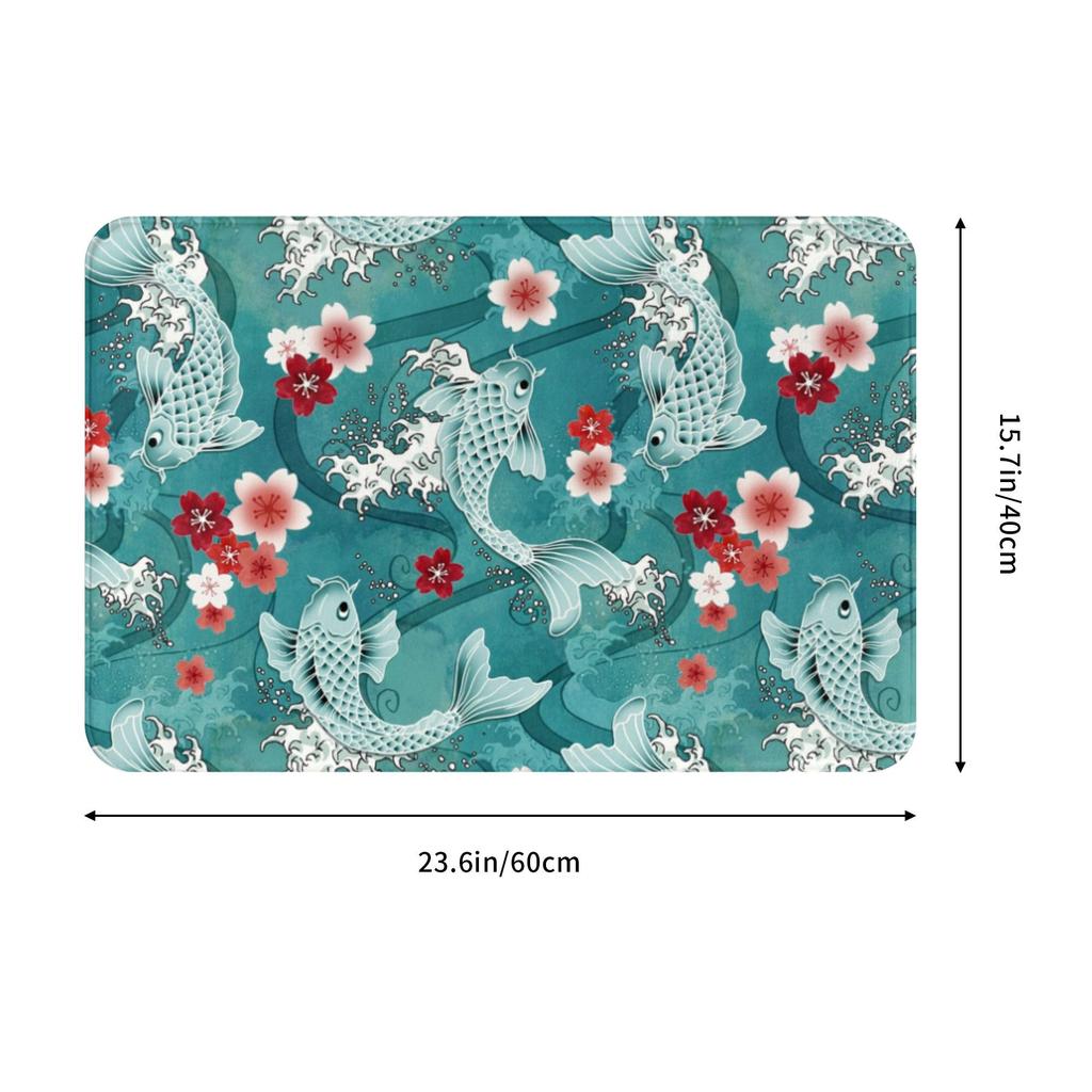 Koi Fish Sakura Blossom In Turquoise Doormat Mat Anti-Slip Cherry Flower Floral Kitchen Bath Garage Rug Carpet 40*60cm