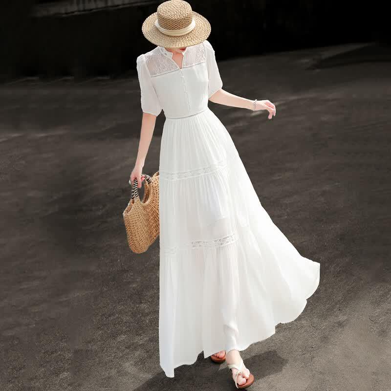 Lansere 2026 Summer Elegant Lyocell Lace Hollow Slimming Dress L