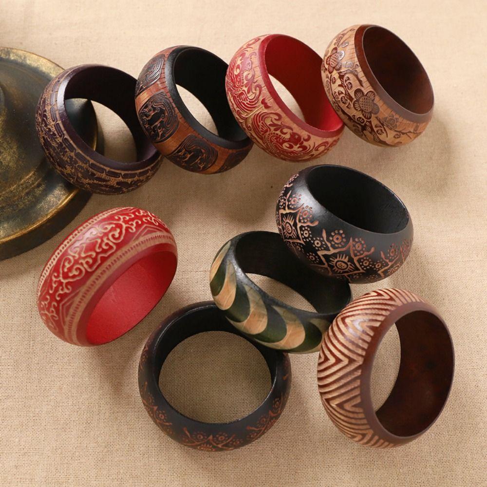 Retro Carving Wooden Bangle Wide Ethnic Style Bangle Gift Chinese Style Bracelet  Wrist Bracelets