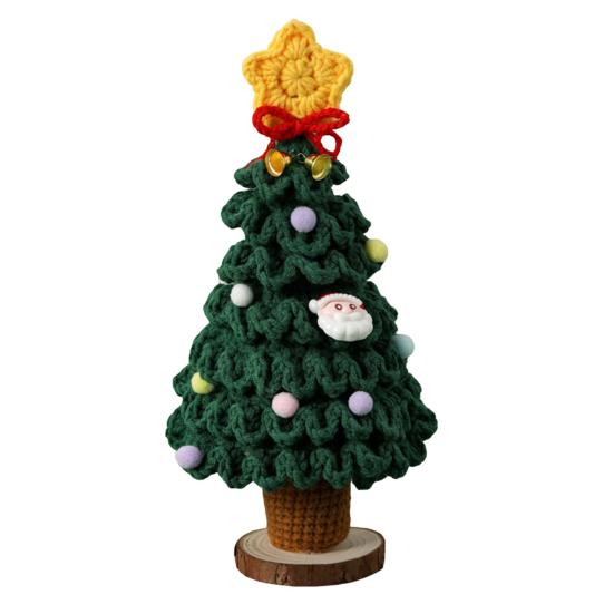 Yousheng Crochet Christmas Tree Small Handmade Multi-layered Knitting Xmas Tree with Woodgrain Base for Winter Tabletop Home Room Party Decor