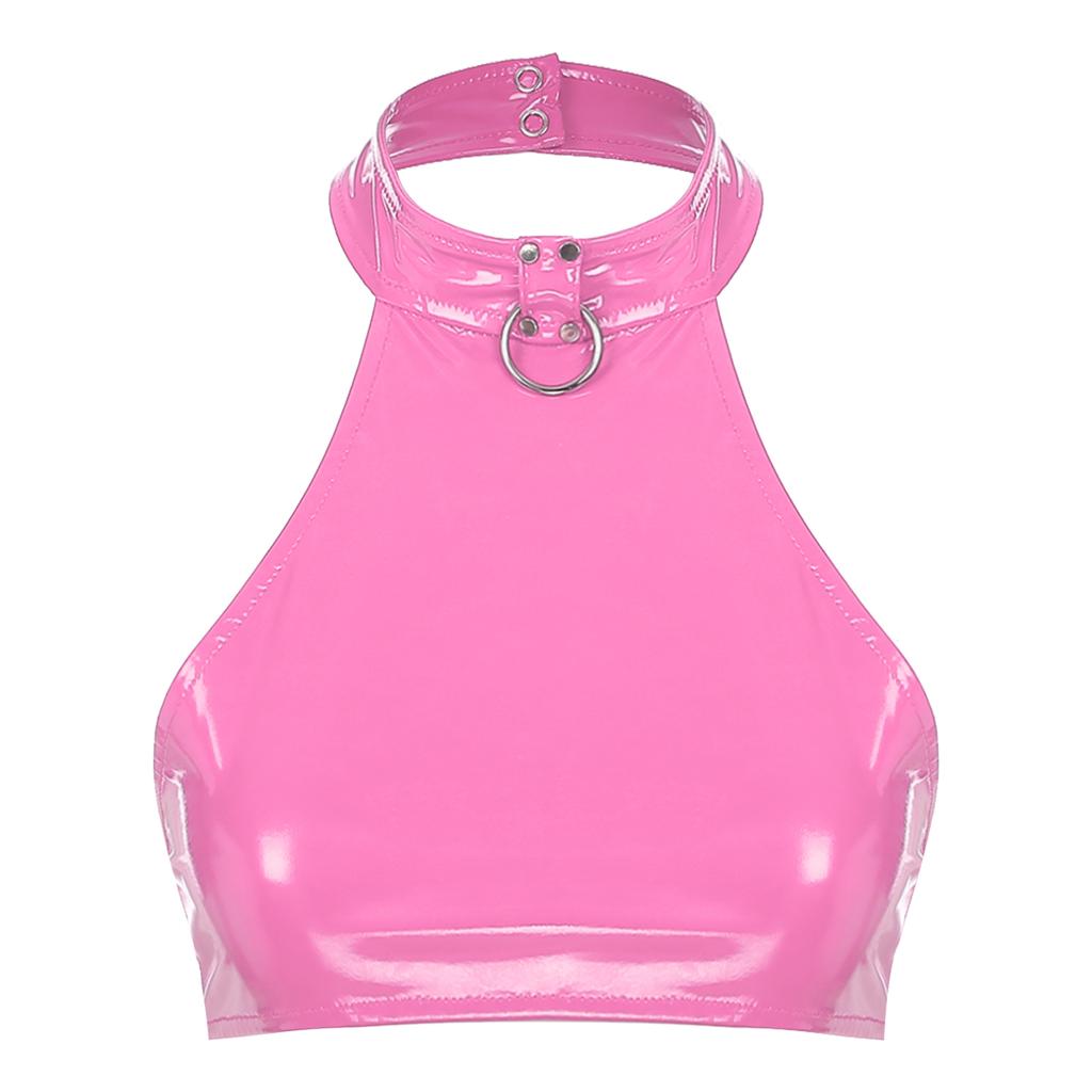 Women O Ring Halter Top Backless Sleeveless Patent Leather Crop Vest Club Music Festival Party Top