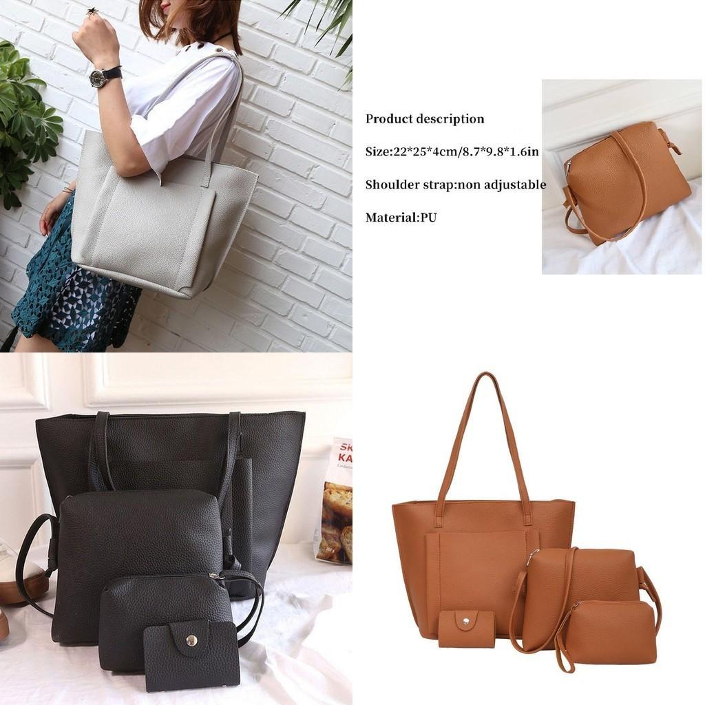 Lychee Pattern Pu Leather Women's Handbag Set With 4 Pieces