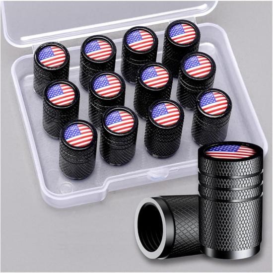 American Flag Tire Valve Stem Caps, Aluminum USA Caps Black, Universal Dust Proof Covers for Cars Trucks Bikes Motorcycles Bicycles Corrosion