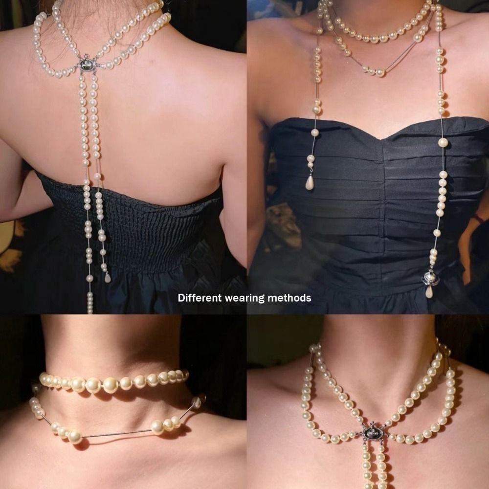 Fashion Jewelry Pearl Sweater Chain Asymmetric Pearl Choker Multi-Layer Necklace  French Style