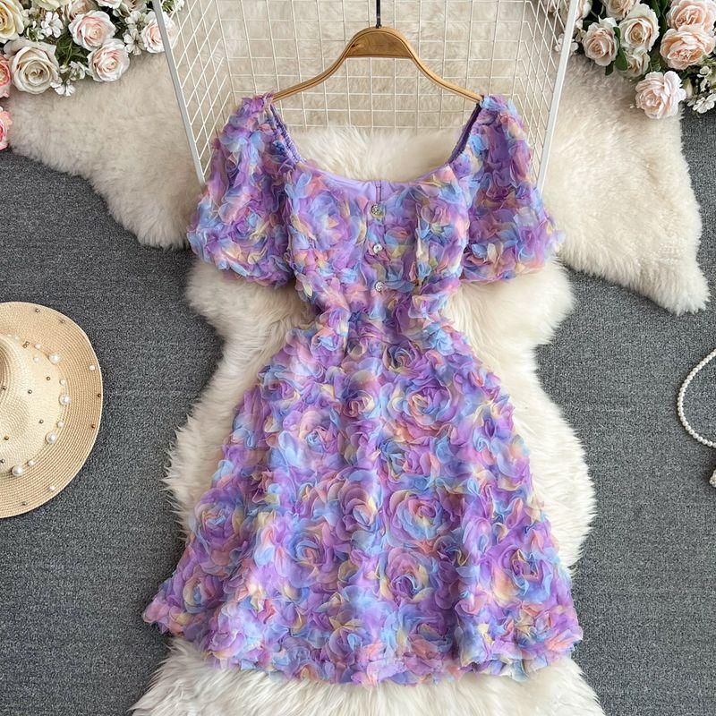 

Доступная роскошь Платье с трехмерным цветком розы-пузырем с коротким рукавом Purple S