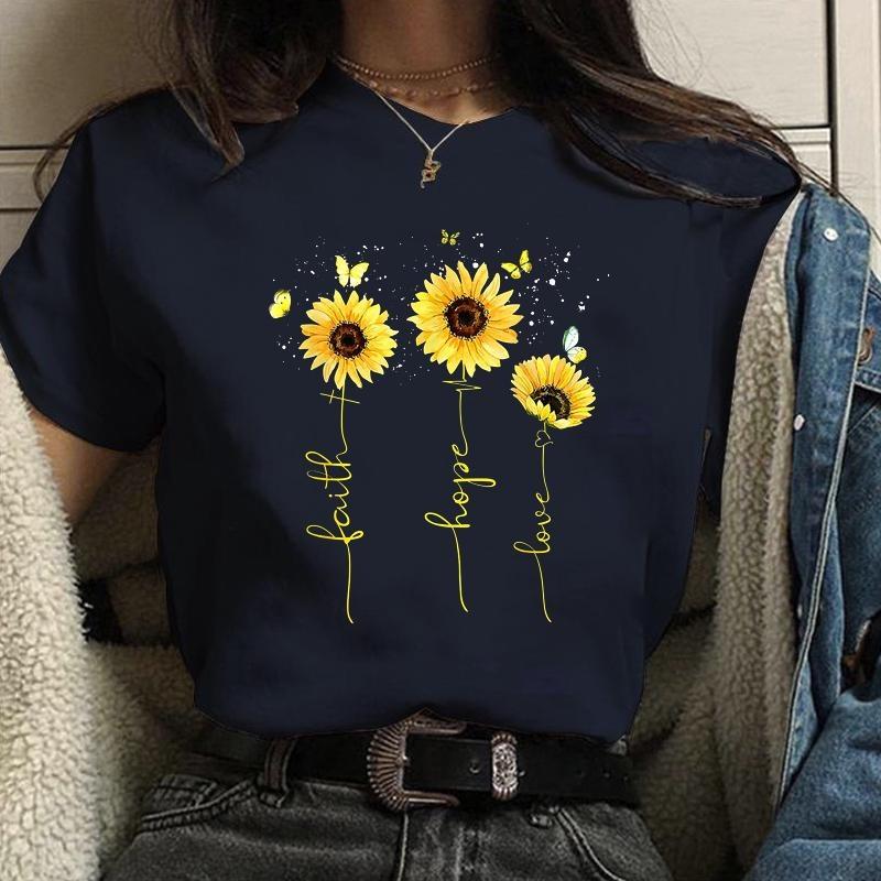 Women's New Fashion Hope Love Faith Sunflower Pattern Printed T-Shirt Women's Outdoor Street Cool Round Neck Short Sleeve Shirt