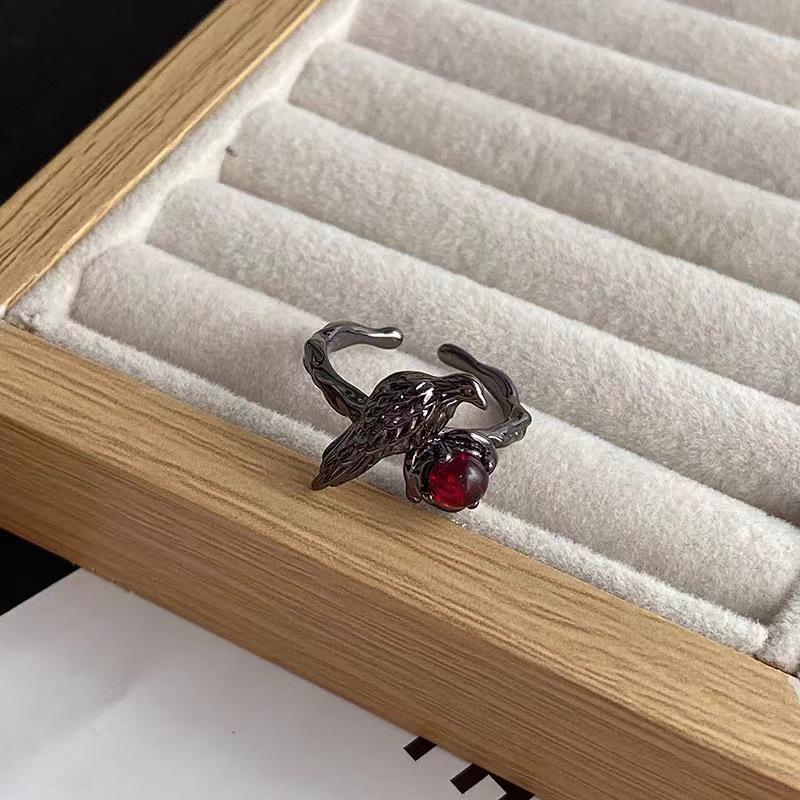 Women's Black Raven Adjustable Open Ring - Dark, Simple, Korean Style Fashion