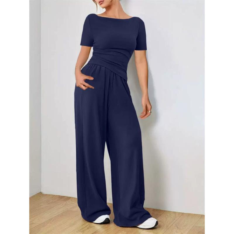 Women's Navy Blue One-Shoulder Long Sleeve Wide Leg Jumpsuit