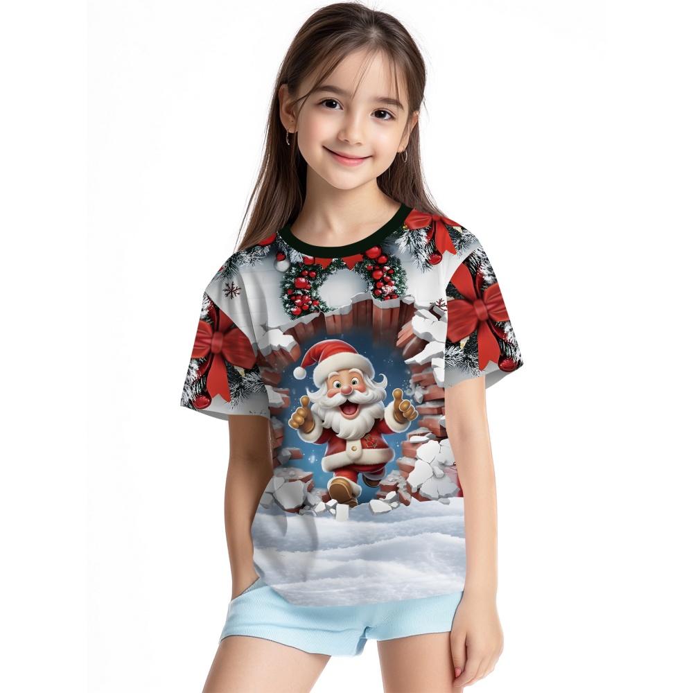 2025 T-Shirt für Mädchen 3D-Druck Weihnachten mit Weihnachtsmann Kurzarm Rundhals Lässige Weihnachtskleidung für Mädchen Top