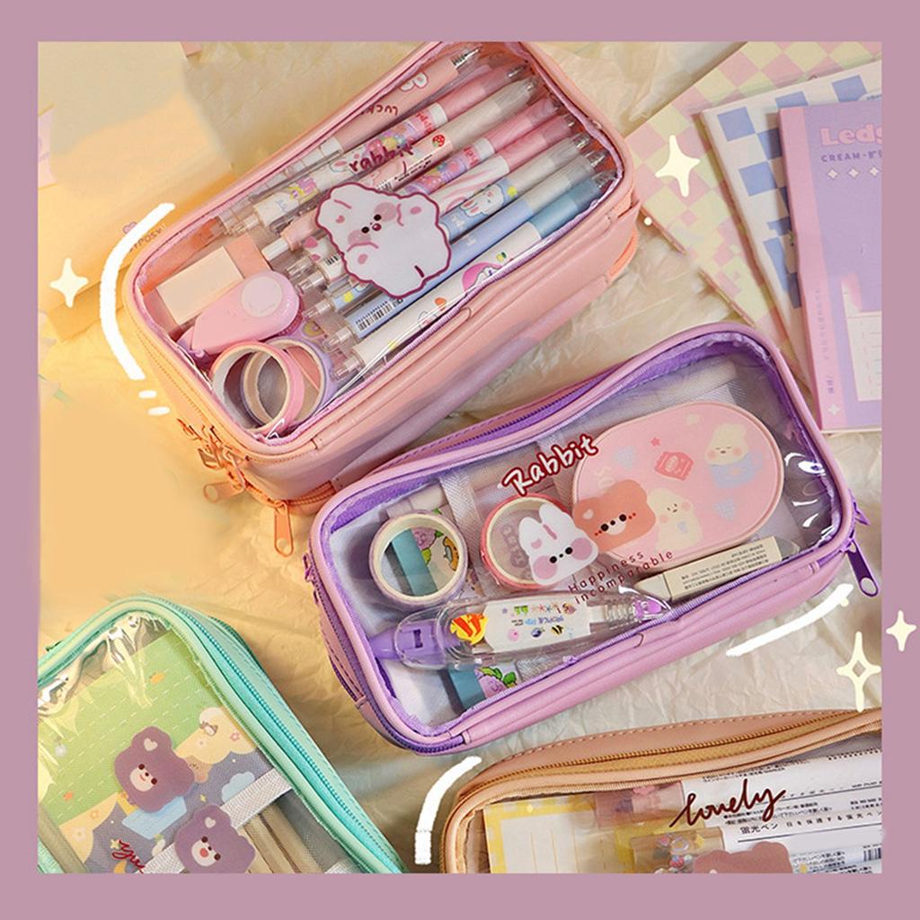 Transparent Pencil Case Cute Cartoon Pattern Large Capacity Waterproof PVC Pen Case Pencil Storage Bag Purple Bear Bunny
