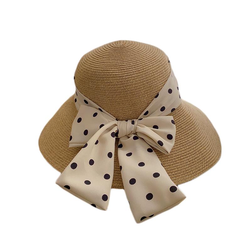 Big edge straw hat polka dot long bow hat women's summer sun hat seaside travel sun hat big eaves bucket hat