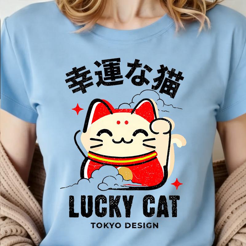 Women's Summer T-Shirt Lucky Cat Short-Sleeve Top Three-Color Cat Print Round Neck Sporty Casual Versatile T-Shirt Womens Lucky Outfit Top Party Gift
