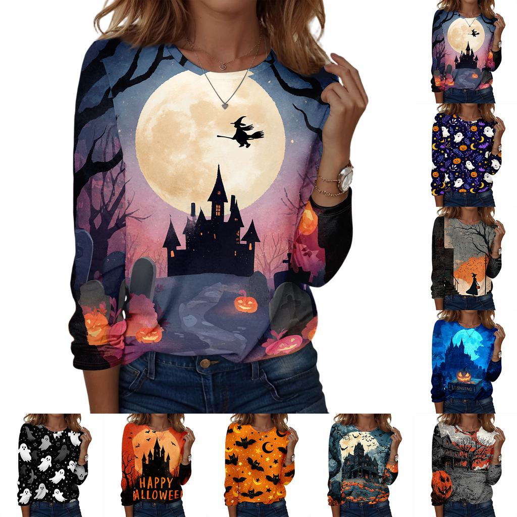 Women's Casual Long Sleeve Crewneck Top with Halloween Print for Fall Festive Wear